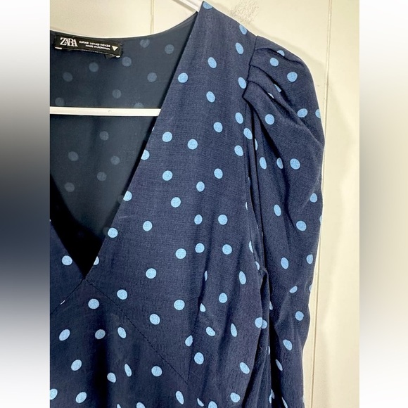ZARA Midi Maxi Blue Polka Dots Dress puff Long Sleeves Size XS - Picture 9 of 14